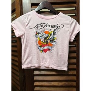 Ed Hardy Womens Pink Brave Hearts Stay True Eagle Graphic Baby Tee Small
